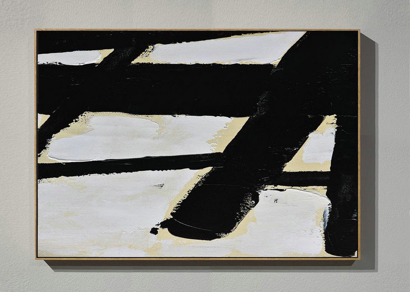 Horizontal Palette Knife Minimal Canvas Art Painting Black White Beige,Modern Art Abstract Painting #Q5C2